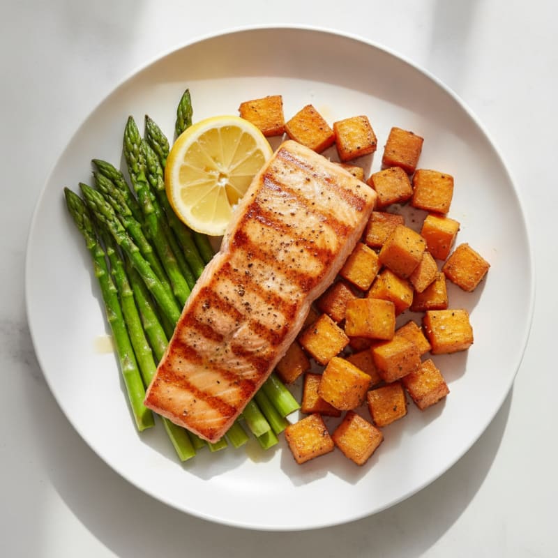 Pan-Seared Salmon with Roasted Sweet Potato and Asparagus