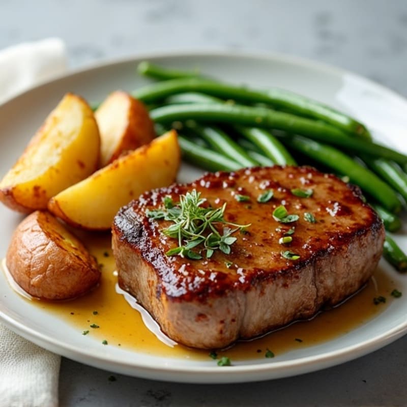 Pan-Seared Garlic Butter Steak with Roasted Potatoes and Crispy Green Beans