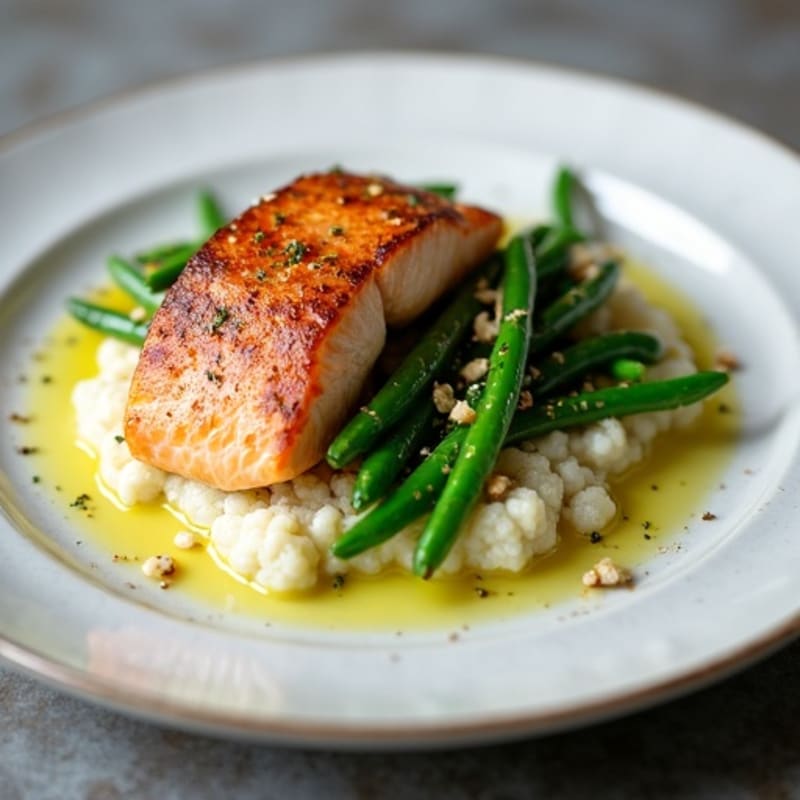 Seared Salmon with Garlic Green Beans and Cauliflower Mash