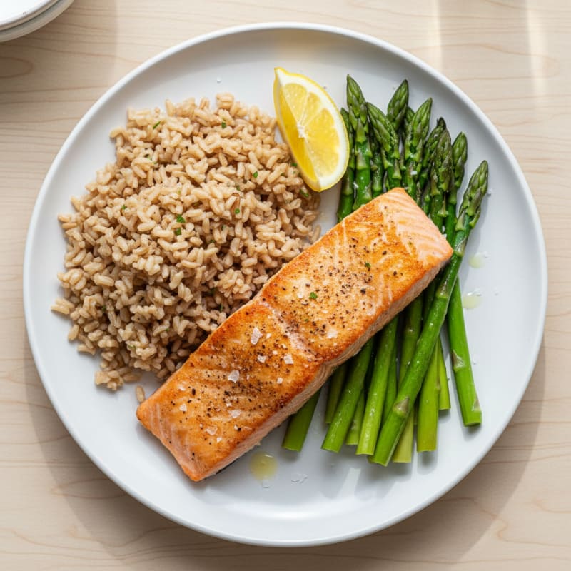 Seared Salmon with Steamed Asparagus and Brown Rice