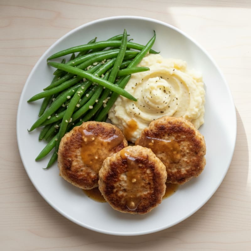 Seared Turkey Patties with Garlic Green Beans and Cauliflower Mash