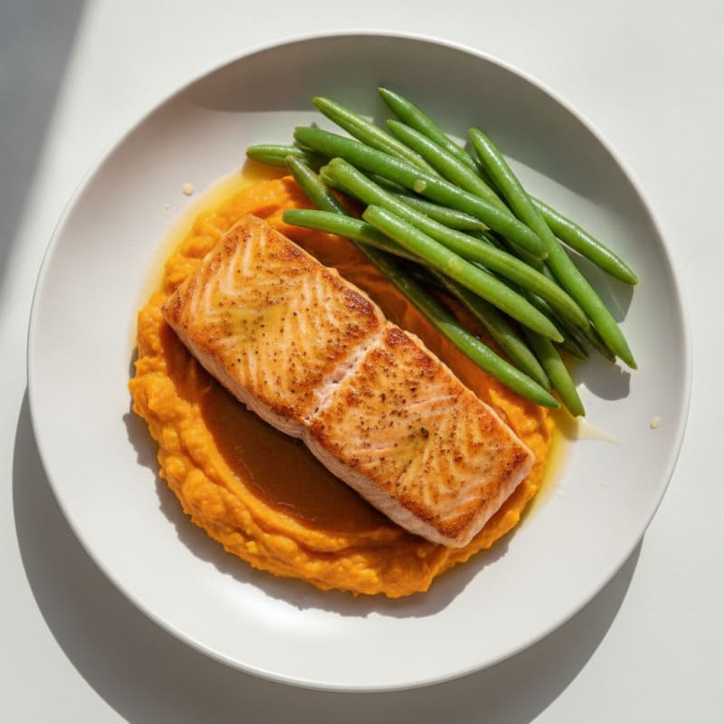 Seared Salmon with Steamed Green Beans and Sweet Potato Mash