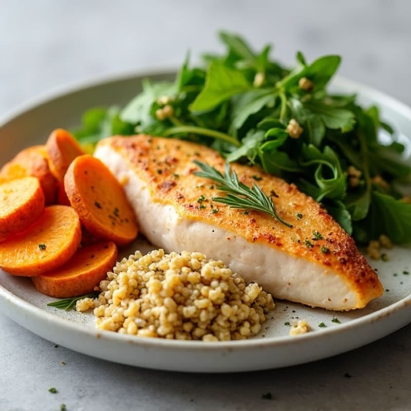 Lemon Herb Chicken Breast with Roasted Sweet Potatoes and Mixed Greens
