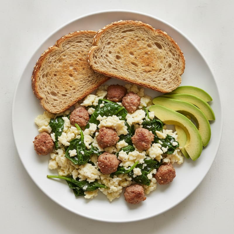 Egg White Spinach Scramble with Low-Fat Turkey Sausage
