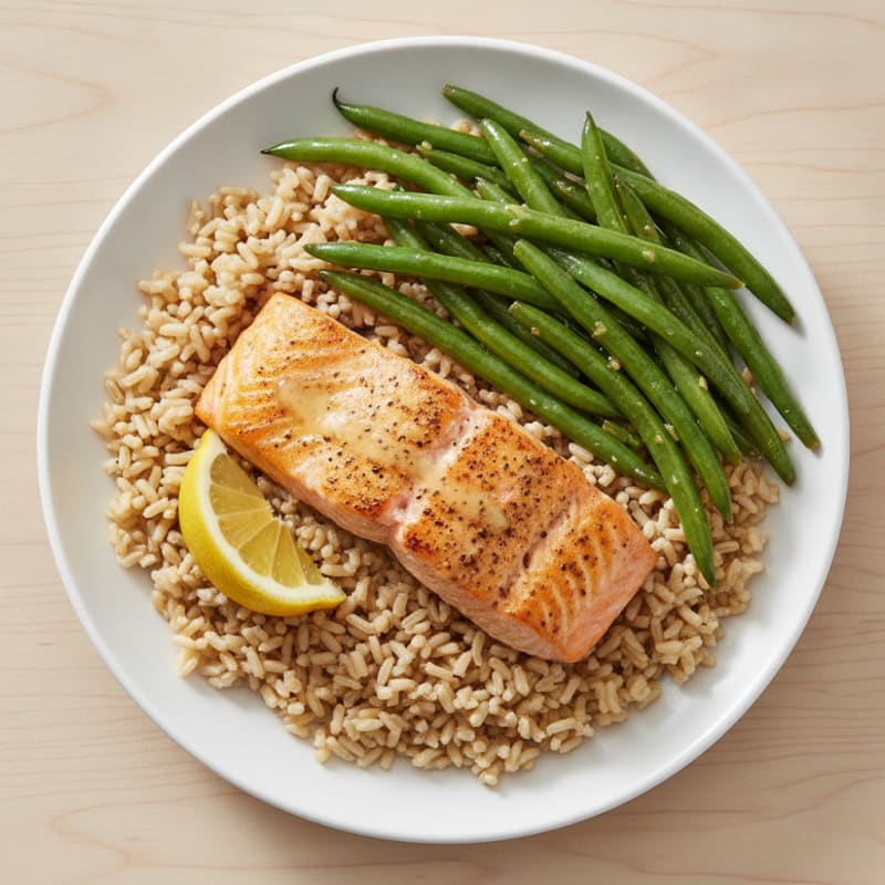 Seared Salmon with Garlic Green Beans and Brown Rice