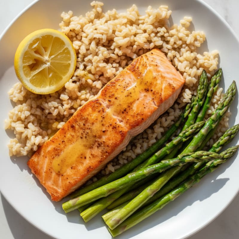 Seared Salmon with Steamed Asparagus and Brown Rice