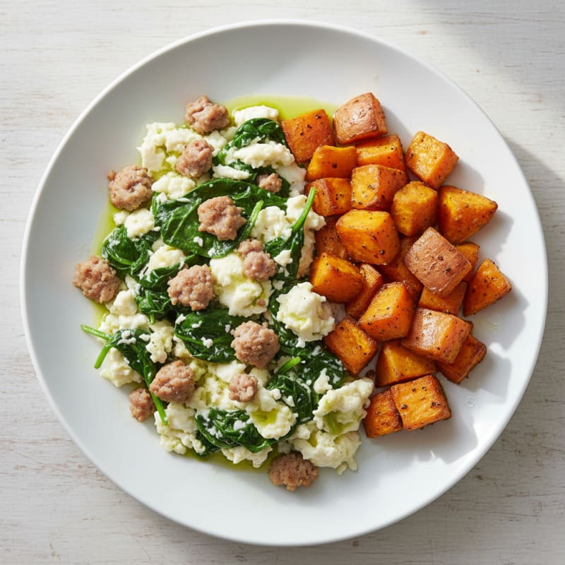 Egg White and Turkey Sausage Scramble with Spinach and Roasted Sweet Potatoes