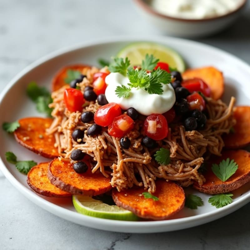 Lean Smoky Pulled Pork with Crispy Sweet Potato Nachos