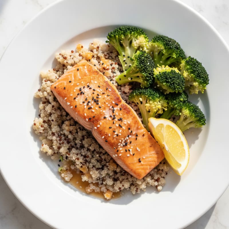 Seared Salmon with Steamed Broccoli and Quinoa