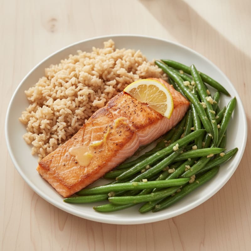 Seared Salmon Fillet with Garlic Green Beans and Brown Rice