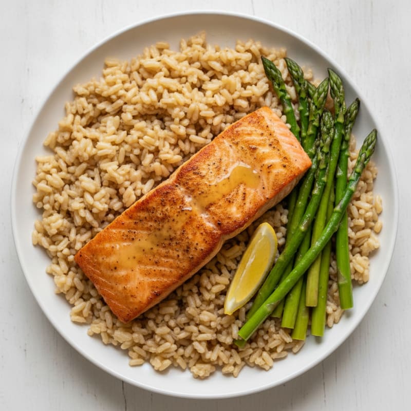 Seared Salmon with Steamed Asparagus and Garlic Brown Rice