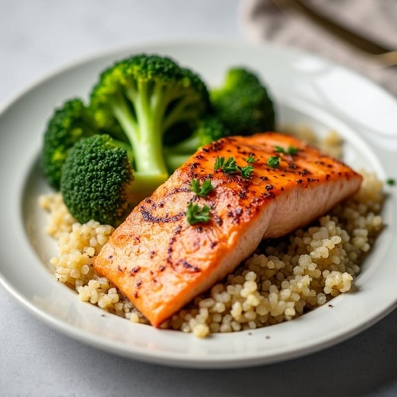 Seared Salmon with Steamed Broccoli and Quinoa