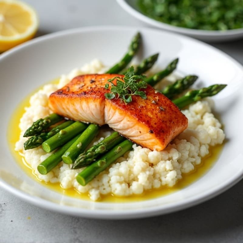 Seared Salmon Fillet with Steamed Asparagus and Garlic Cauliflower Mash