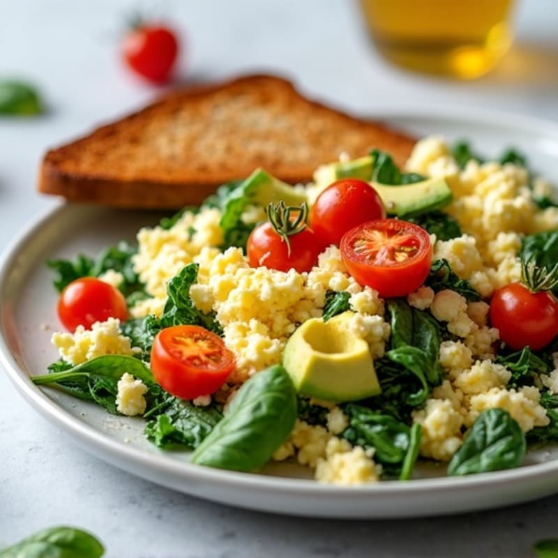 Egg White Spinach Scramble with Cottage Cheese and Cherry Tomatoes