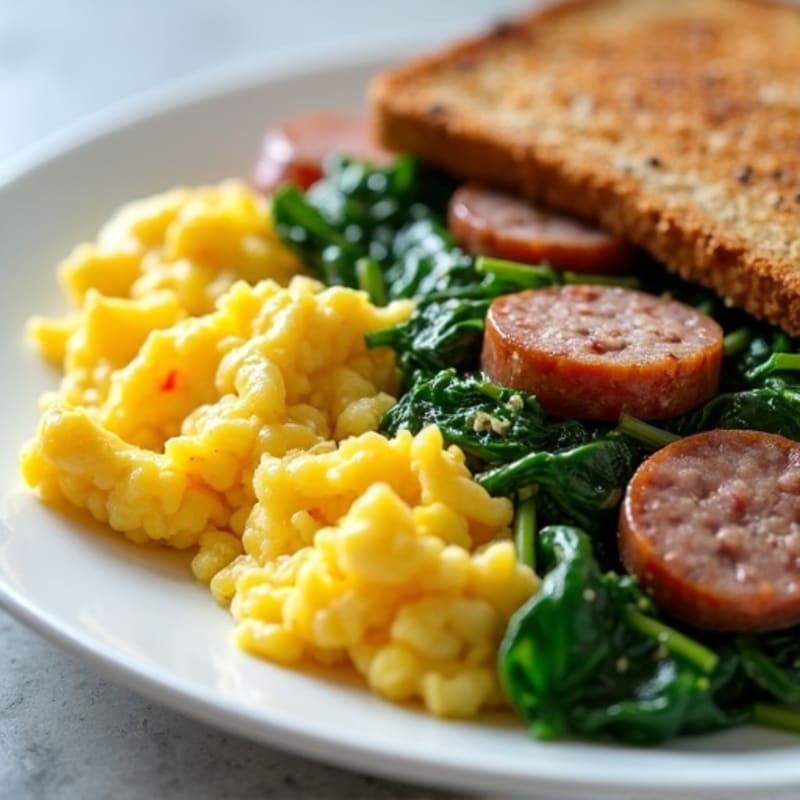 Scrambled Egg Whites with Turkey Sausage and Sautéed Spinach