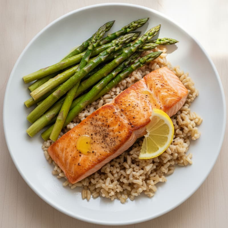 Seared Salmon with Steamed Asparagus and Brown Rice