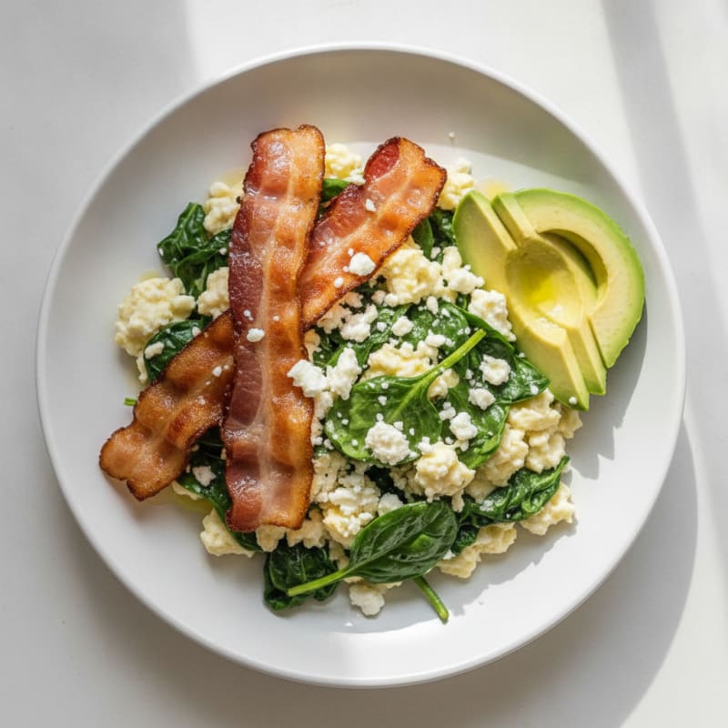 Crispy Turkey Bacon Egg White Scramble with Spinach and Feta