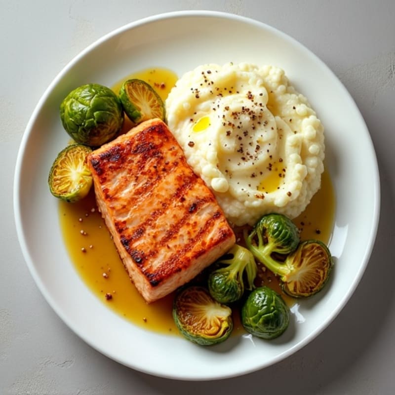 Seared Salmon with Roasted Brussels Sprouts and Cauliflower Mash