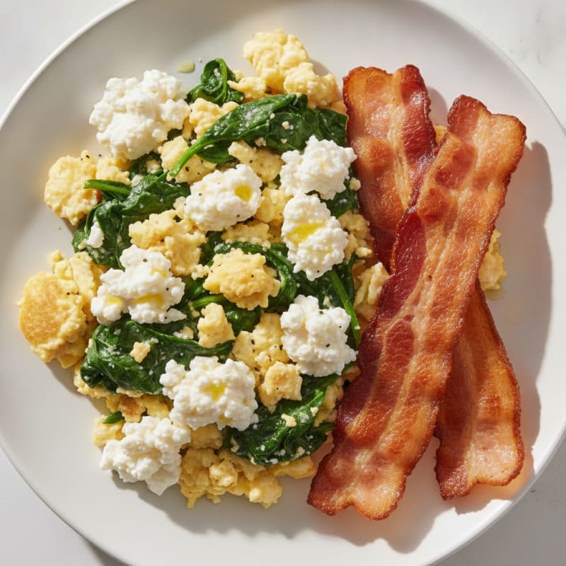 Cottage Cheese Scramble with Spinach and Turkey Bacon
