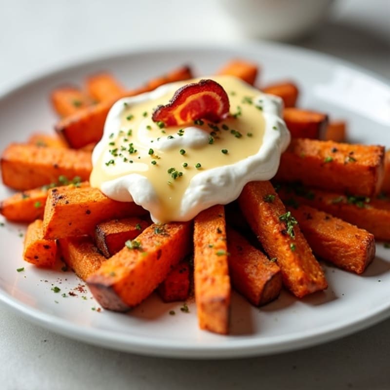 Crispy Roasted Sweet Potato Fries with Smoky Bacon and Creamy Cheese Sauce