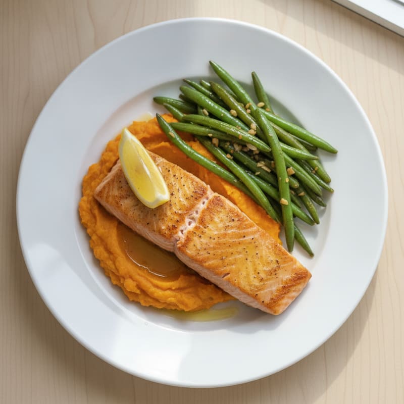 Seared Salmon with Garlic Green Beans and Sweet Potato Mash