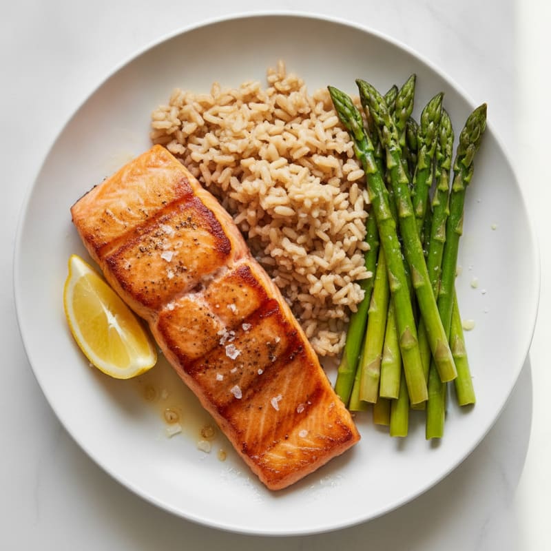 Seared Salmon Fillet with Steamed Asparagus and Brown Rice
