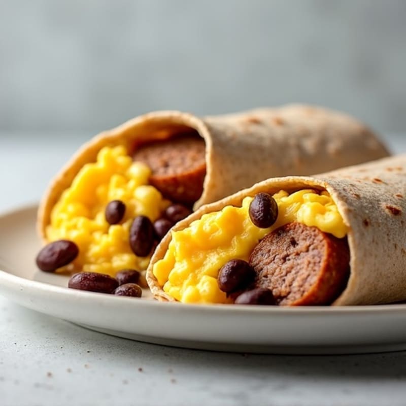 Hearty Scrambled Egg, Lean Turkey Sausage, and Black Bean Whole Wheat Burrito