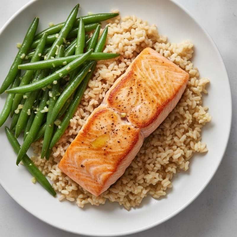Seared Salmon with Garlic Green Beans and Brown Rice