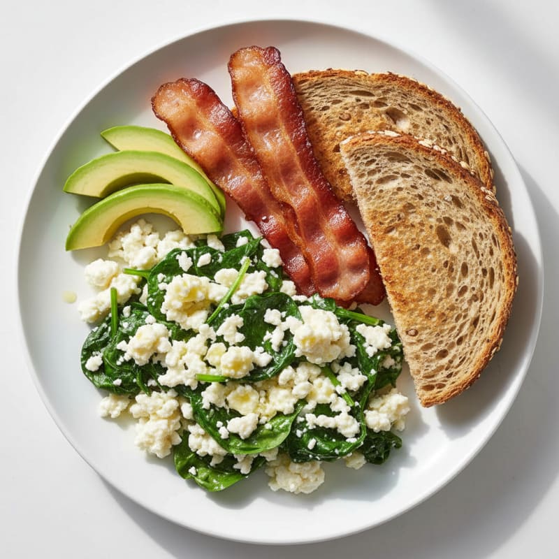Cottage Cheese Egg White Scramble with Spinach and Turkey Bacon