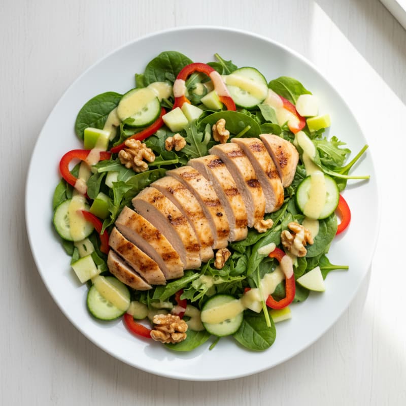 Grilled Chicken Breast Salad with Crunchy Vegetables and Walnuts