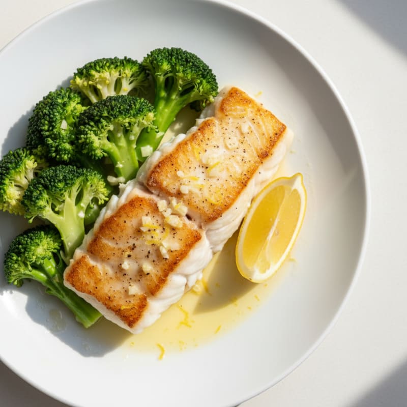 Seared Cod with Steamed Broccoli and Lemon
