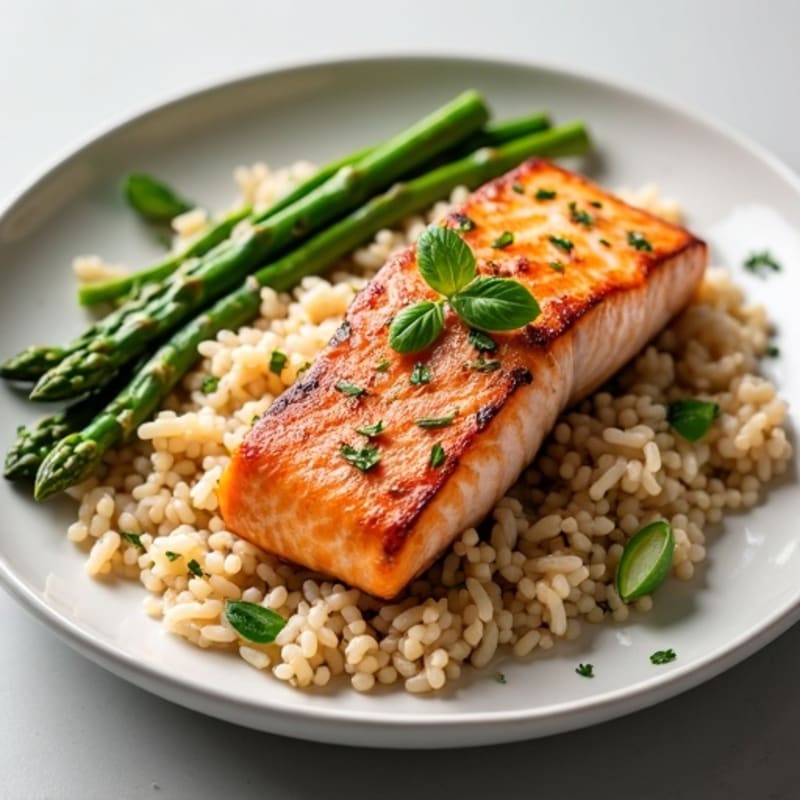 Seared Salmon with Steamed Asparagus and Brown Rice