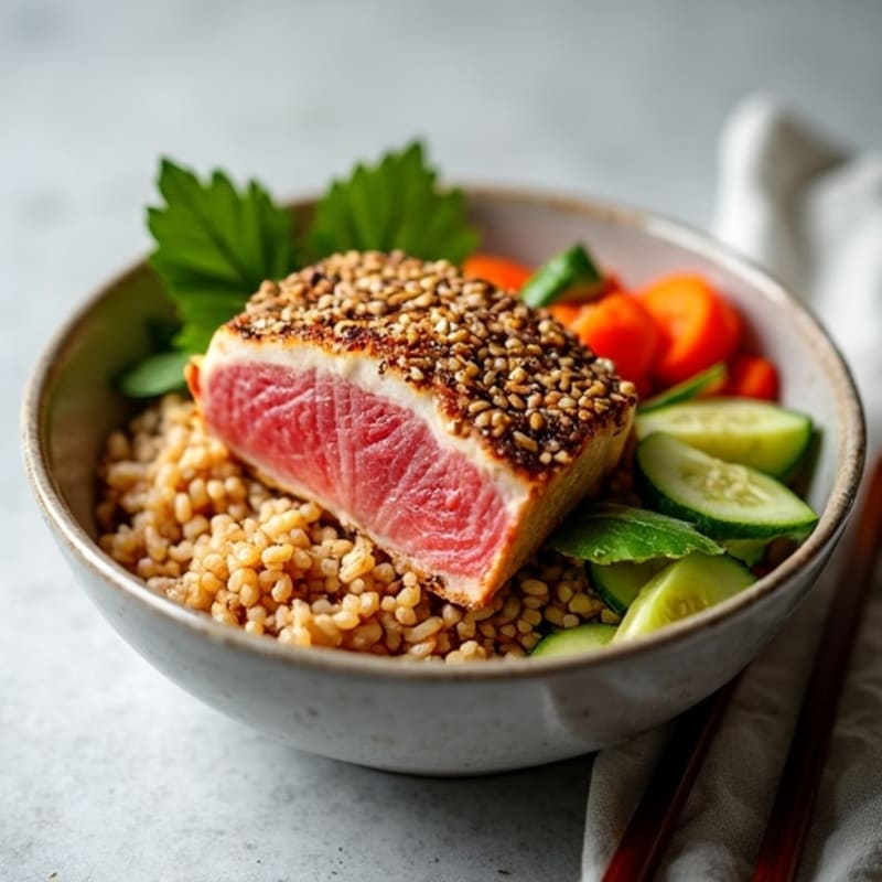 Sesame-Crusted Tuna Rice Bowl with Fresh Vegetables