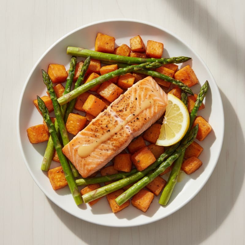 Seared Salmon with Roasted Sweet Potatoes and Asparagus