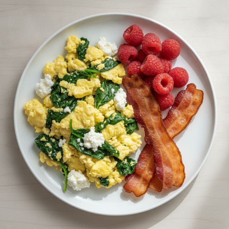 Cottage Cheese Scramble with Spinach and Turkey Bacon
