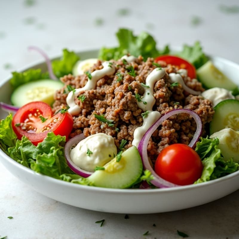 Lean Ground Beef Salad with Creamy Dill Pickle Dressing