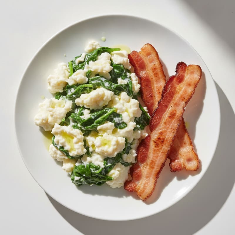 Egg White Spinach Scramble with Grilled Turkey Bacon