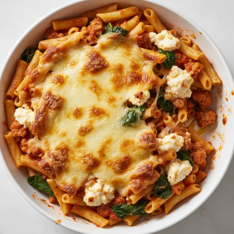 Creamy Baked Ziti with Golden Mozzarella