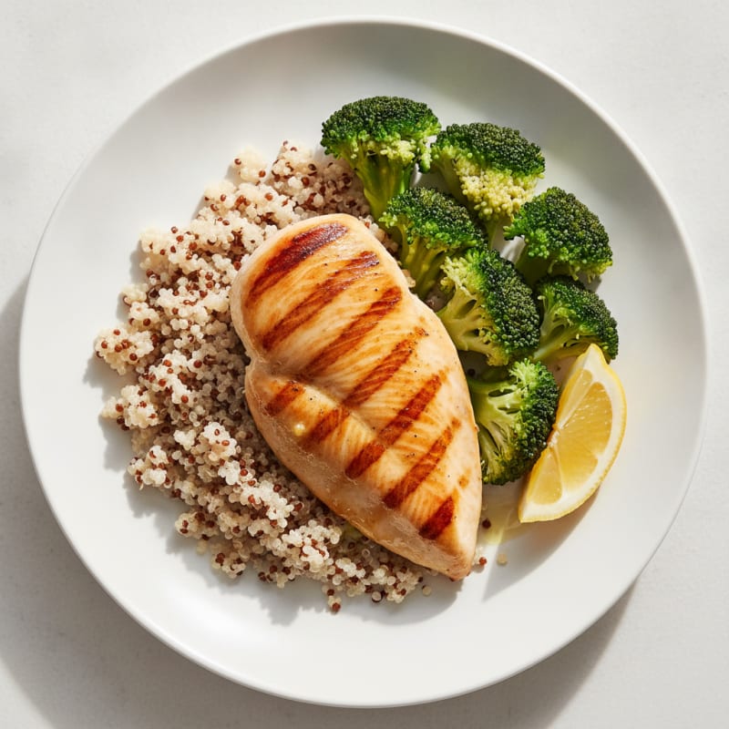 Grilled Chicken Breast with Steamed Broccoli and Quinoa