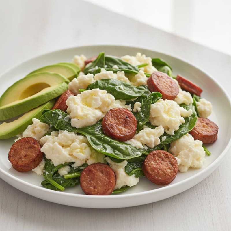 Egg White and Spinach Scramble with Turkey Sausage