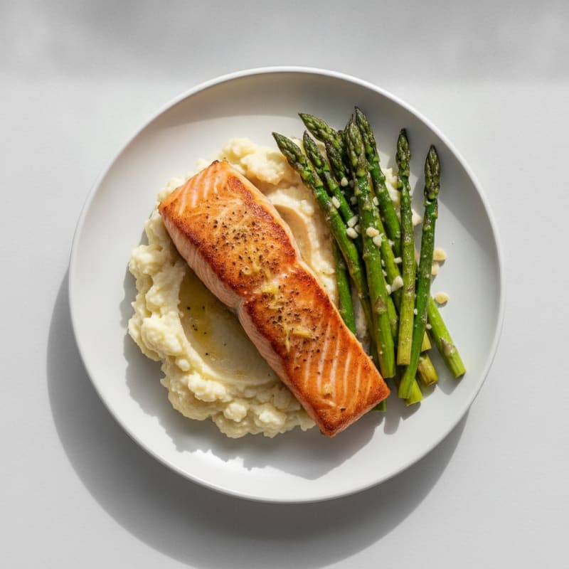 Seared Salmon with Roasted Asparagus and Cauliflower Mash