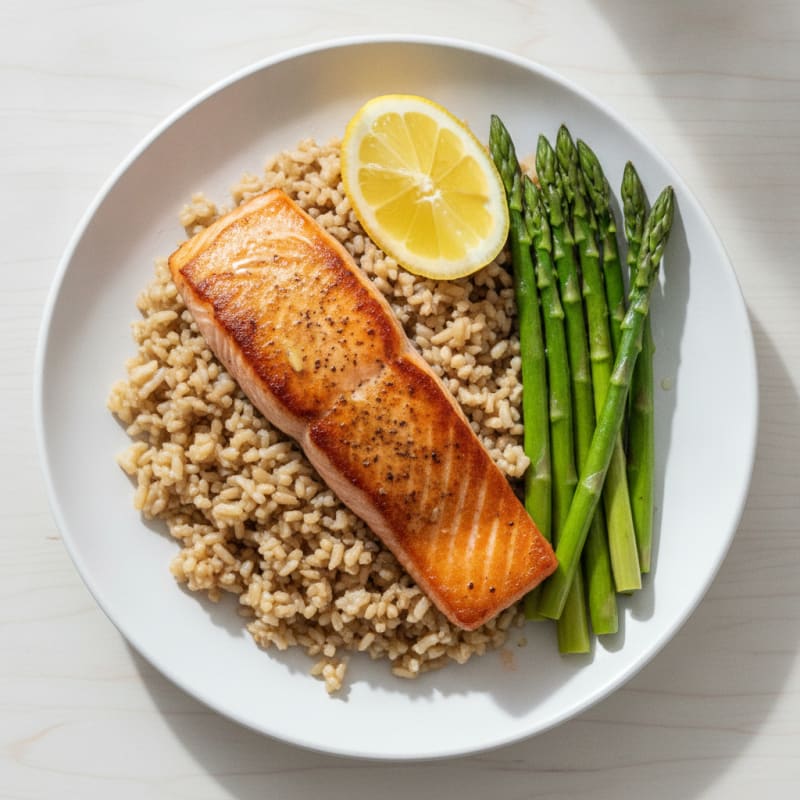 Seared Salmon with Steamed Asparagus and Brown Rice