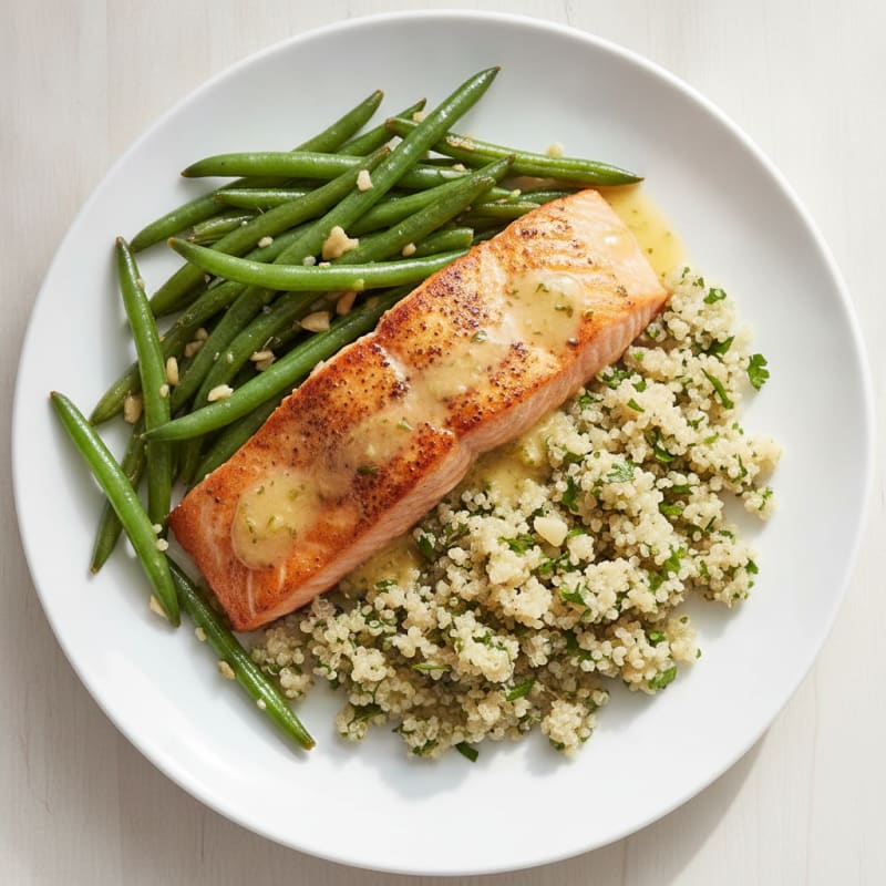 Seared Salmon with Garlic Green Beans and Herb Quinoa