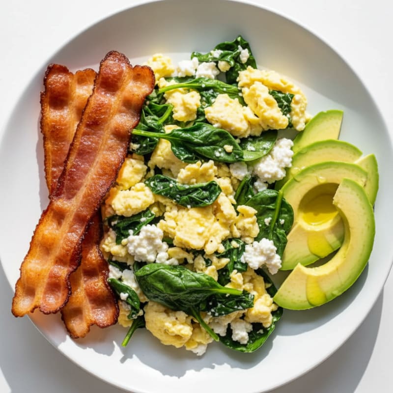 Cottage Cheese Egg Scramble with Spinach and Turkey Bacon