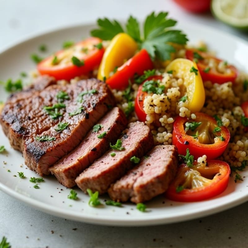 Seared Steak with Roasted Peppers, Onions, and Cilantro Lime Quinoa