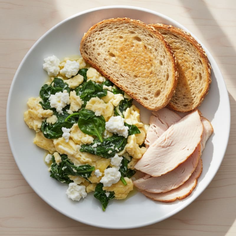 Egg White Spinach Scramble with Cottage Cheese and Sliced Turkey
