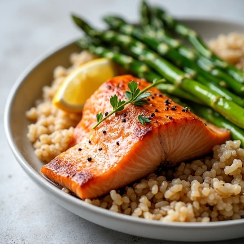 Seared Salmon with Steamed Asparagus and Brown Rice