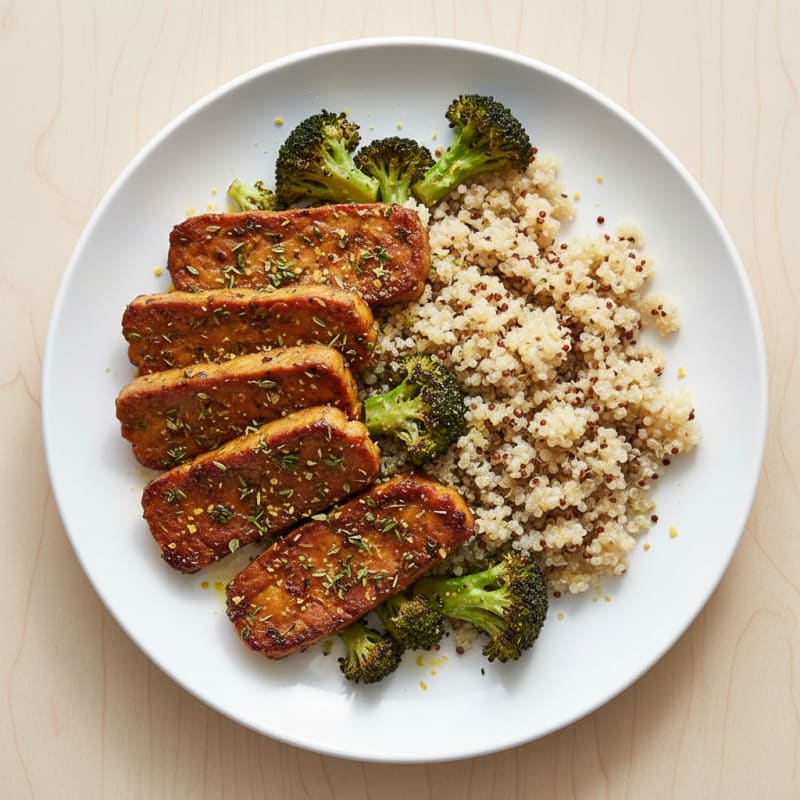 Herb-Baked Tempeh with Roasted Broccoli and Quinoa
