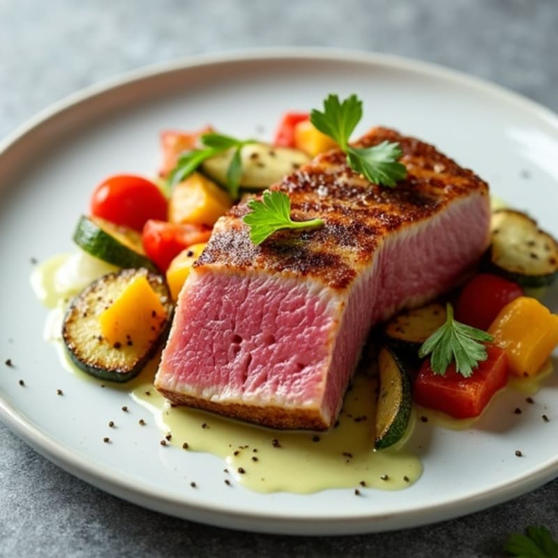 Seared Ahi Tuna with Wasabi Mayo and Roasted Vegetables