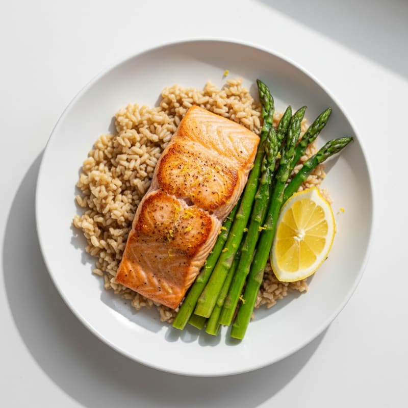 Seared Salmon with Steamed Asparagus and Brown Rice